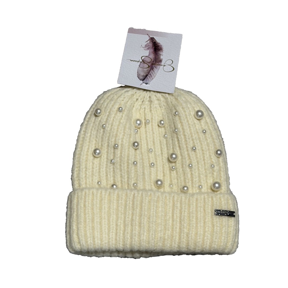 Jessica Simpson Ivory White‎ Cream Faux Pearls Beanie One Size NWT Winter Snow